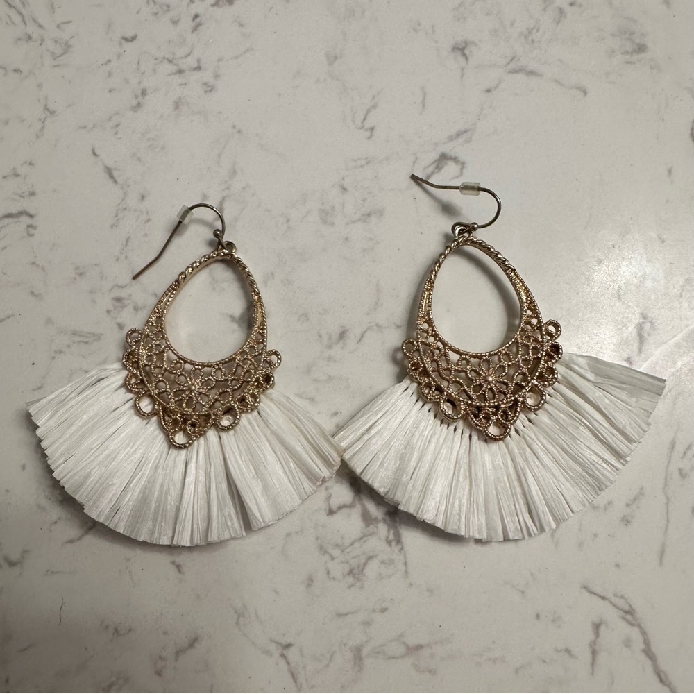 White and Gold Drop Fringe Earrings‎